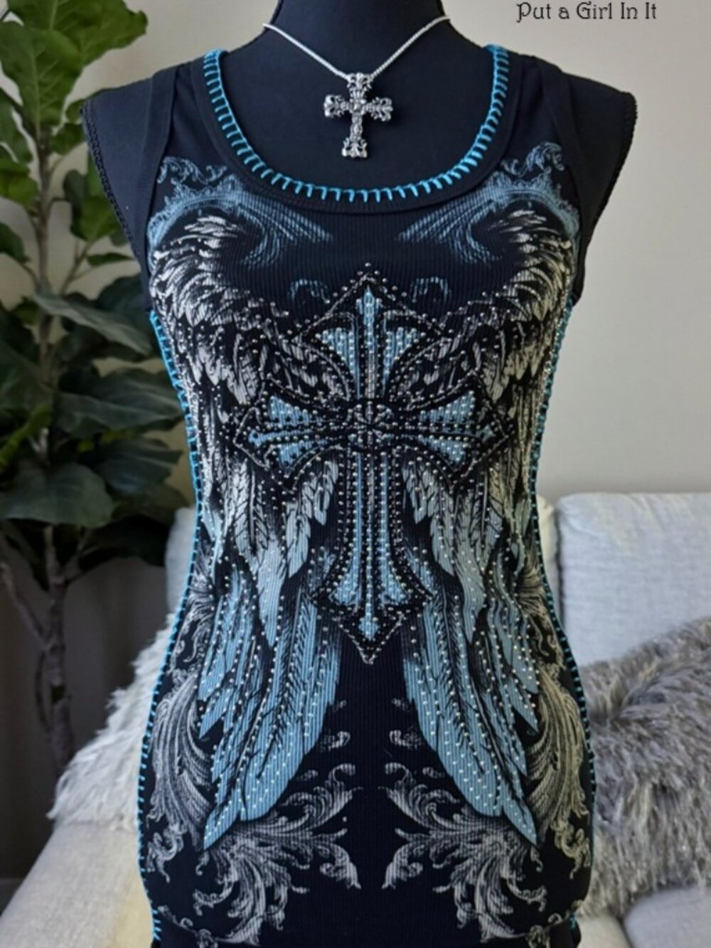 Vocal Apparel Women's Plus Size Crystal Black Blue Cross Wings Tank Top 1x 2x 3x